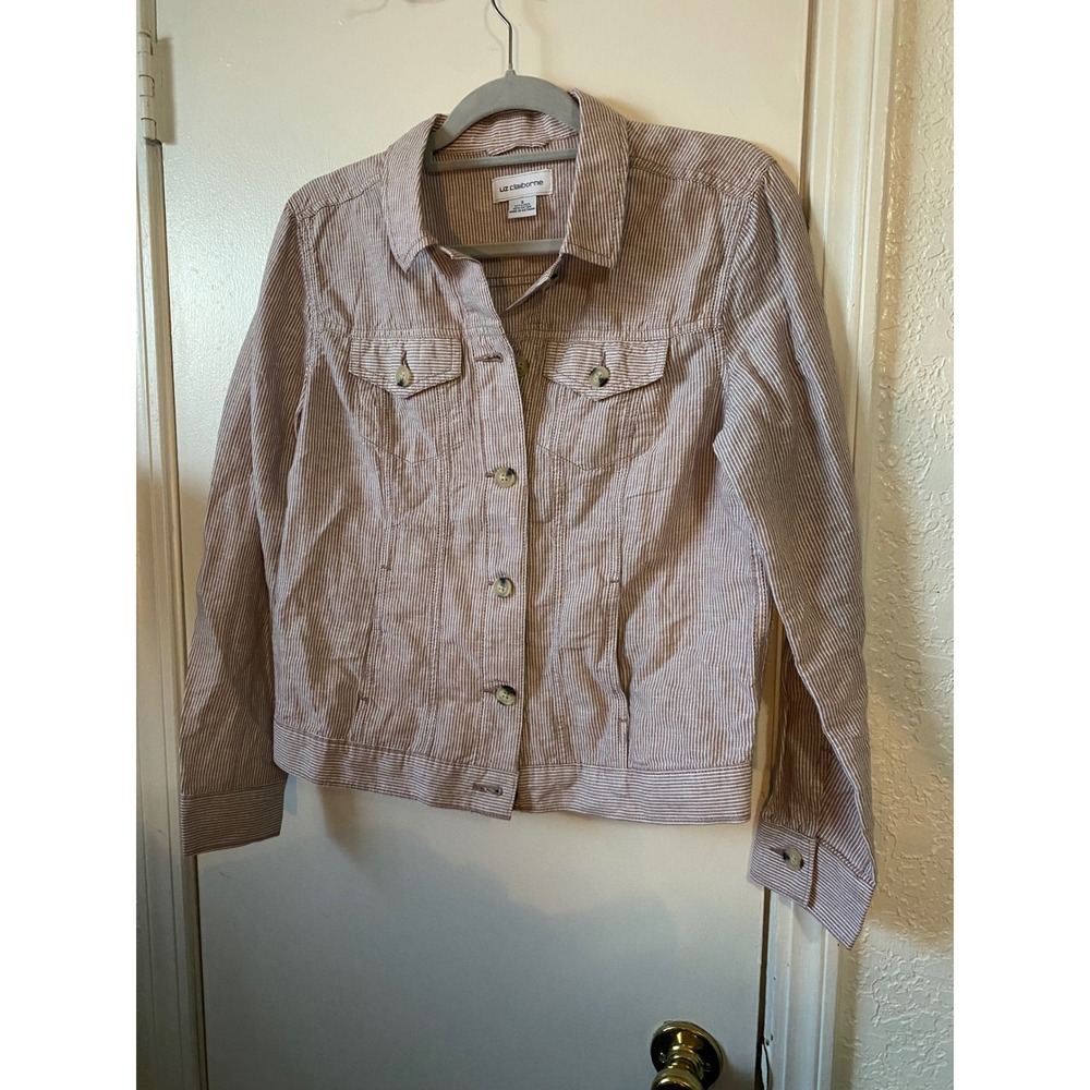 Liz Claiborne Tan White Striped Linen Blend Button Front Trucker Jacket Small - Picture 2 of 6